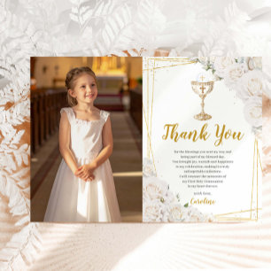 White Floral First Holy Communion Chalice Photo Thank You Card