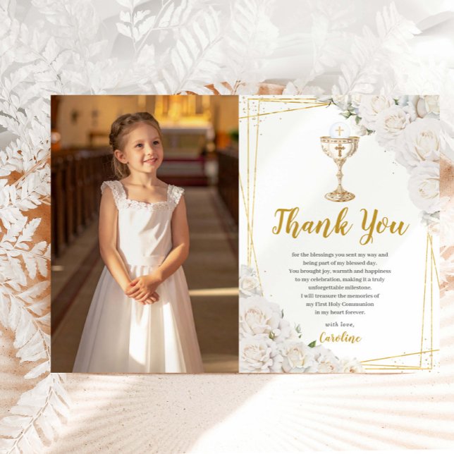 White Floral First Holy Communion Chalice Photo Thank You Card (Creator Uploaded)