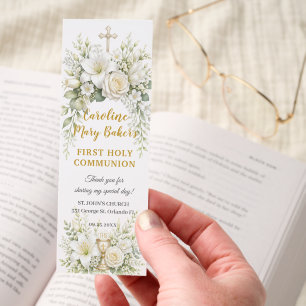 White Floral First Holy Communion Cross & Chalice Bookmarks
