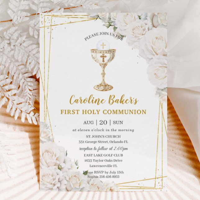White Floral First Holy Communion Gold Chalice Invitation (Creator Uploaded)