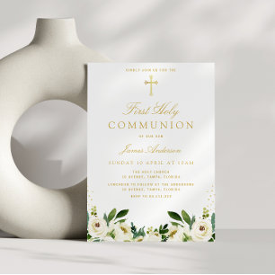white floral first holy communion invitation