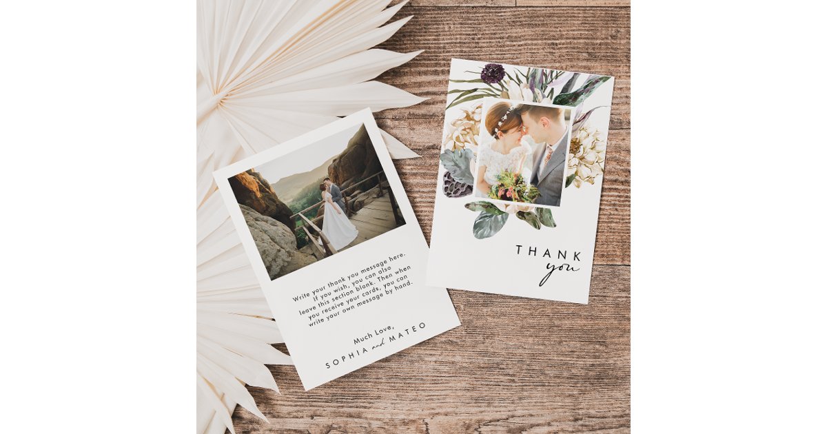White Floral Flat Photo Wedding Thank You Card | Zazzle
