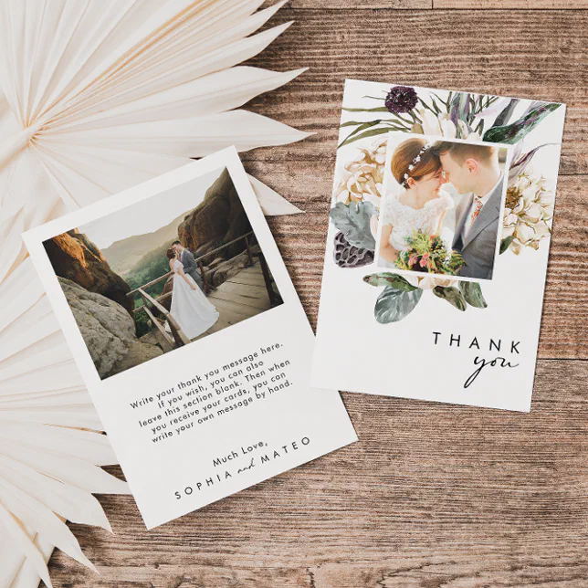 White Floral Flat Photo Wedding Thank You Card | Zazzle