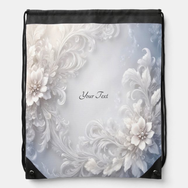 White Floral Flourish Drawstring Backpack (Front)