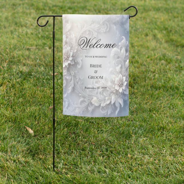 White Floral Flourish Garden Flag (In SItu)