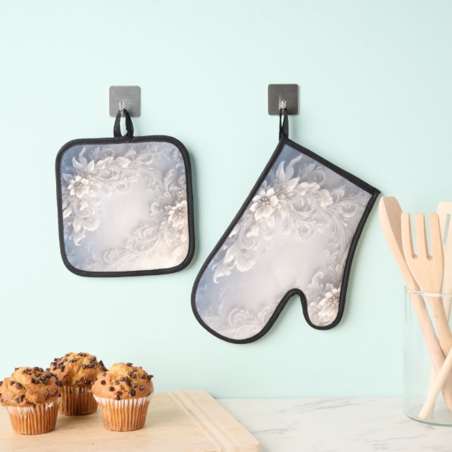 White Floral Flourish Oven Mitt & Pot Holder Set (Insitu(Hanging))