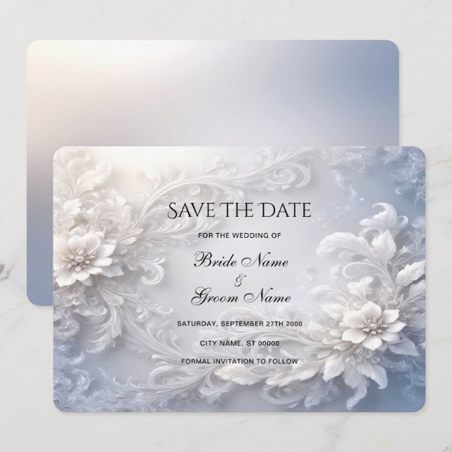 White Floral Flourish Save The Date Card (Front/Back)