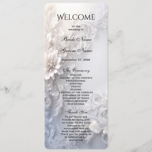 White Floral Flourish Wedding Program (Front)