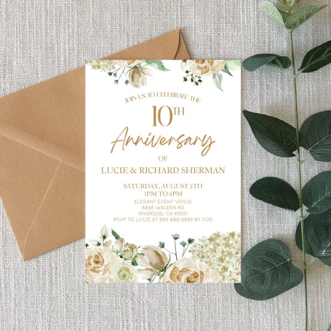 White Floral Flower 10th Tenth Wedding Anniversary Invitation Zazzle