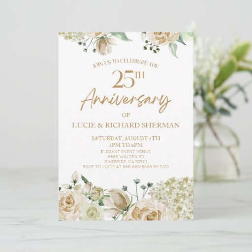 White Floral Flower 25th Tenth Wedding Anniversary Invitation Zazzle