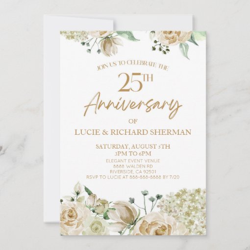 White Floral Flower 25th Tenth Wedding Anniversary Invitation | Zazzle