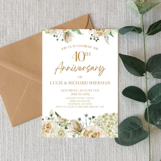 White Floral Flower 40th Wedding Anniversary Invitation | Zazzle