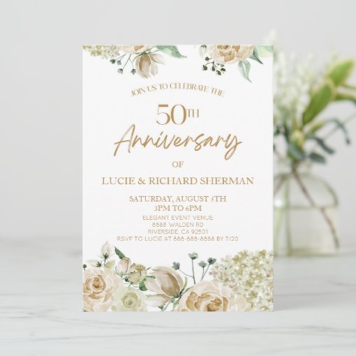 White Floral Flowers 50th Wedding Anniversary Invitation | Zazzle