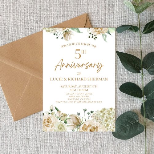 White Floral Flowers 5th Fifth Wedding Anniversary Invitation