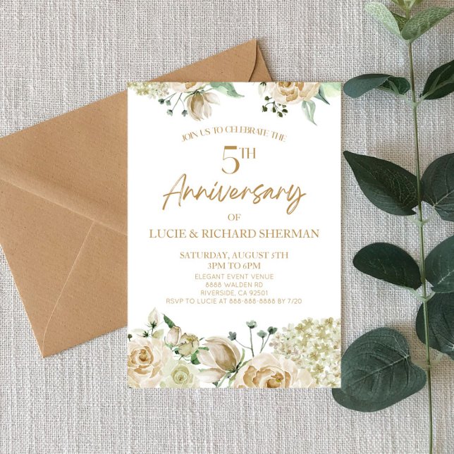 White Floral Flowers 5th Fifth Wedding Anniversary Invitation (Creator Uploaded)