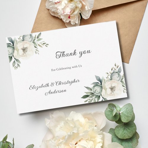 White Floral Flowers Botanical Greenery Wedding Thank You Card