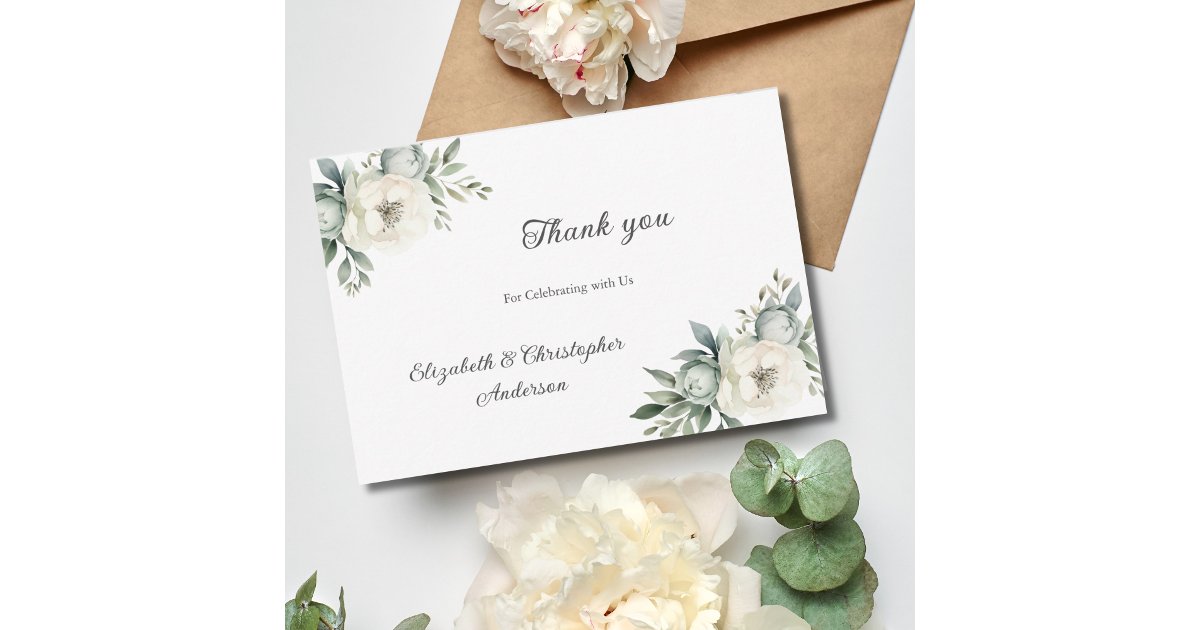 White Floral Flowers Botanical Greenery Wedding Thank You Card | Zazzle