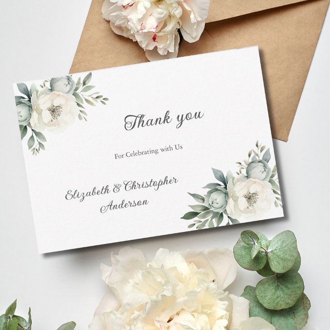 White Floral Flowers Botanical Greenery Wedding Thank You Card (White Floral Flowers Greenery Botanical Watercolor Wedding Thank you card)