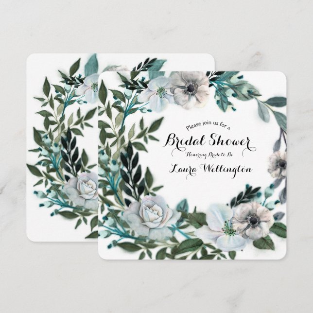 White Floral Flowers Botanical Greenery Wreath Invitation (Front/Back)