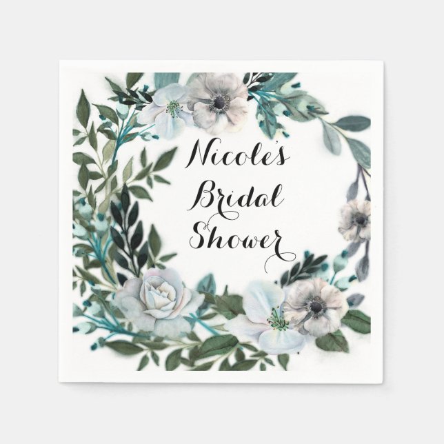 White Floral Flowers Botanical Greenery Wreath Napkins (Front)