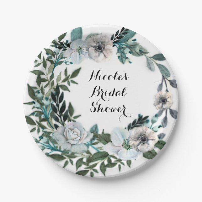 White Floral Flowers Botanical Greenery Wreath Paper Plates (Front)