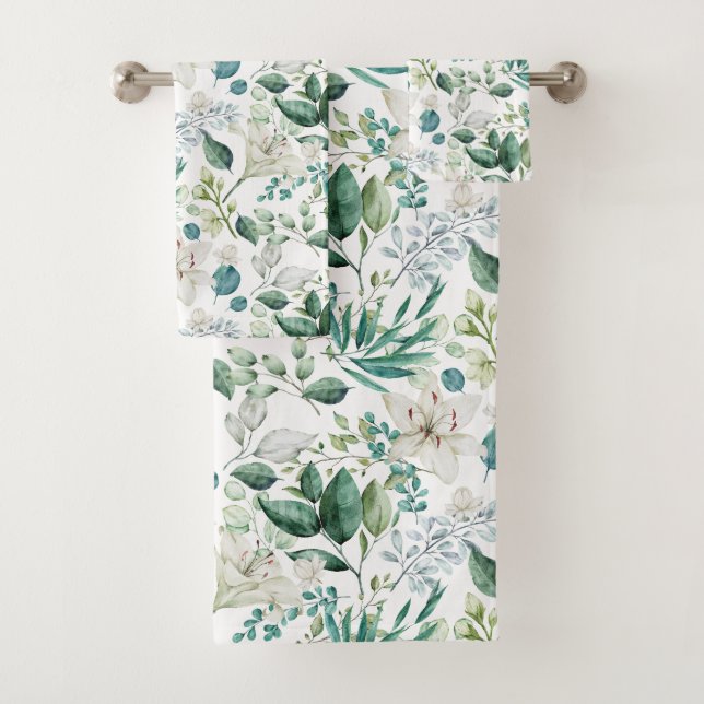 White Floral Flowers Greenery Eucalyptus Elegant Bath Towel Set (Insitu)