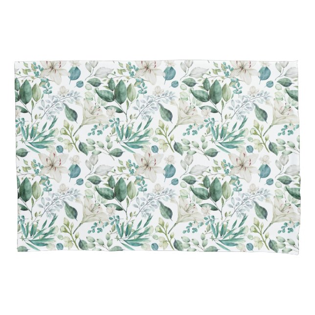 White Floral Flowers Greenery Eucalyptus Elegant Pillow Case (Front)