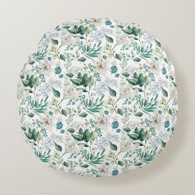 White Floral Flowers Greenery Eucalyptus Elegant Round Pillow (Front)