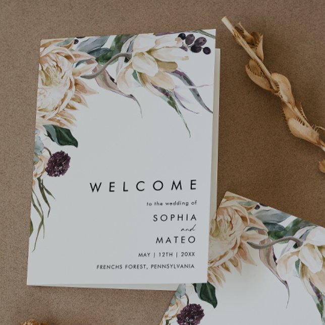 White Floral Folded Wedding Program (Creator Uploaded)