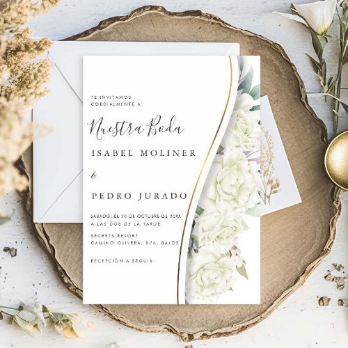 White Floral Foliage Nuestra Boda Spanish Wedding Invitation