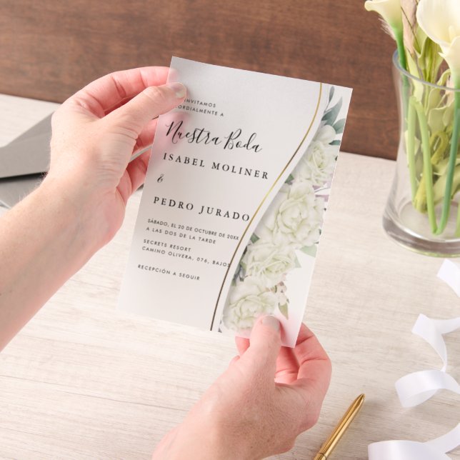 White Floral Foliage Nuestra Boda Spanish Wedding Vellum Invitations (Handheld)