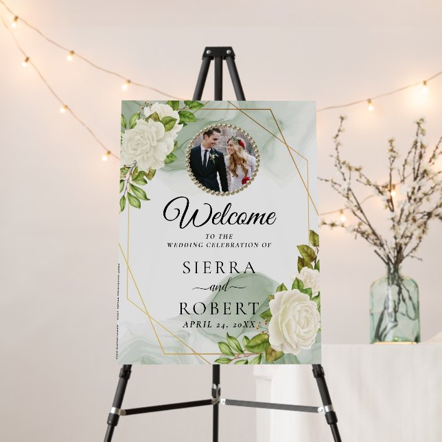 White Floral Foliage Wedding Welcome Foam Board (In Situ (Stand))