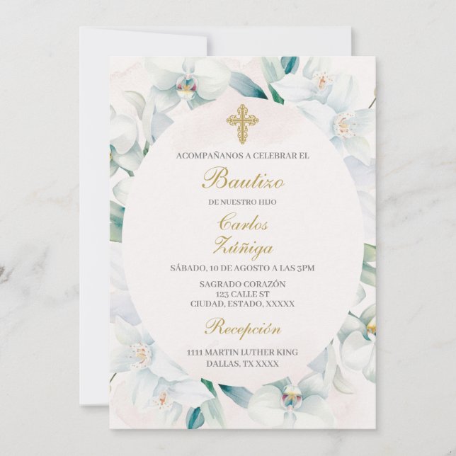 White floral frame baptism for boy invitation (Front)