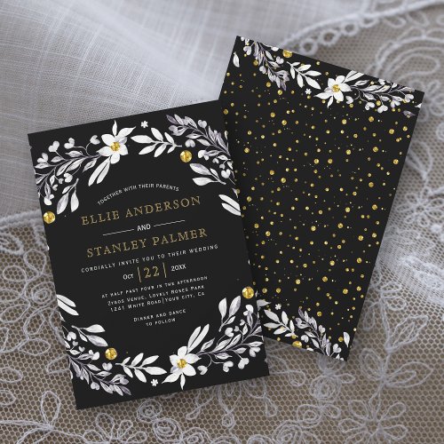 White floral frame gold confetti black wedding inv invitation