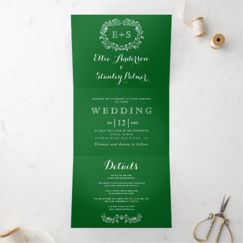 White floral frame initials emerald geen wedding Tri_Fold invitation