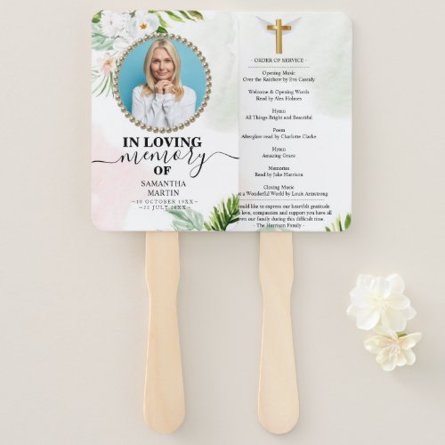 White Floral Funeral Celebration of Life Hand Fan