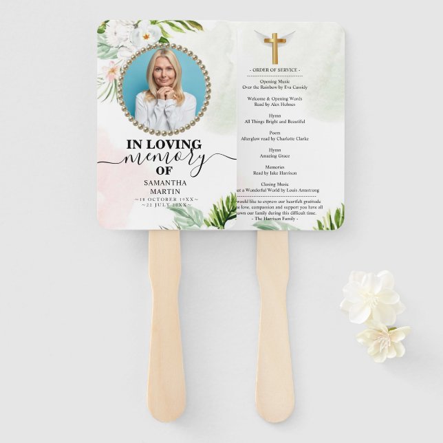 White Floral Funeral Celebration of Life Hand Fan (Front and Back)