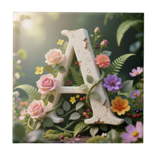 White Floral Garden Monogram Letter A Ceramic Tile