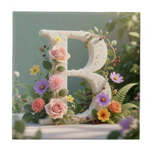 White Floral Garden Monogram Letter B