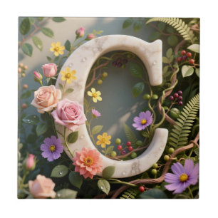 White Floral Garden Monogram Letter C Ceramic Tile