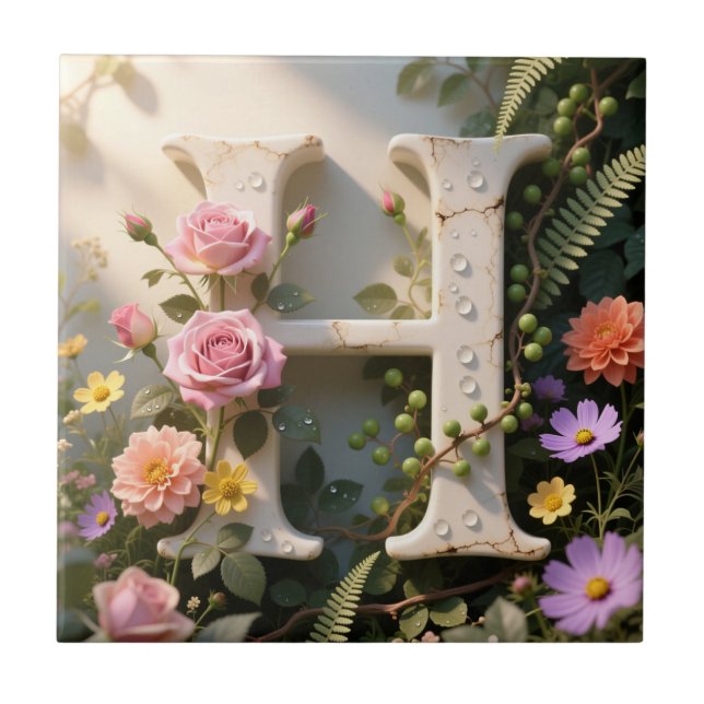 White Floral Garden Monogram Letter H Ceramic Tile (Front)