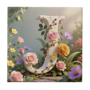 White Floral Garden Monogram Letter J Ceramic Tile