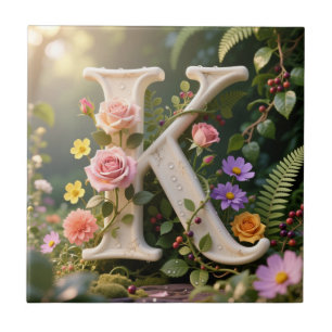 White Floral Garden Monogram Letter K Ceramic Tile