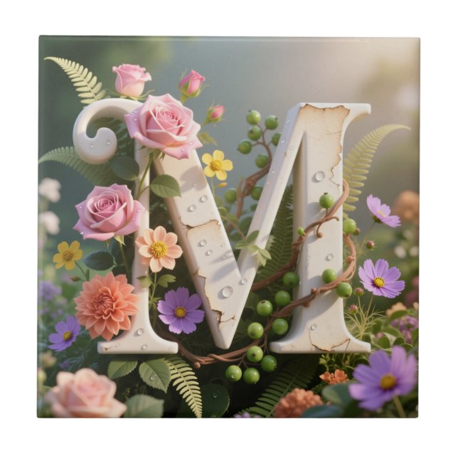 White Floral Garden Monogram Letter M Ceramic Tile (Front)