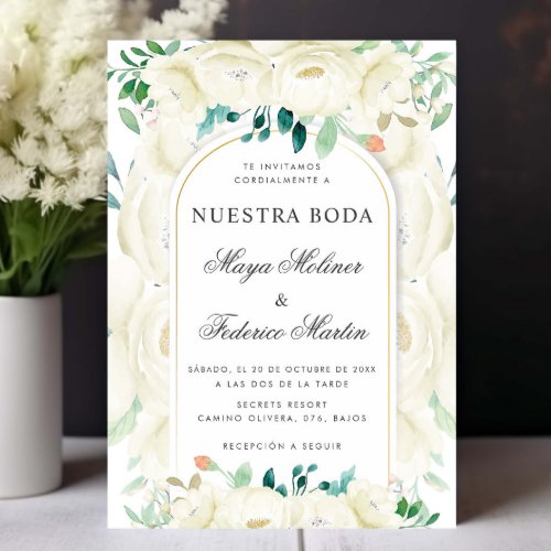 White Floral Garden Nuestra Boda Spanish Wedding Invitation
