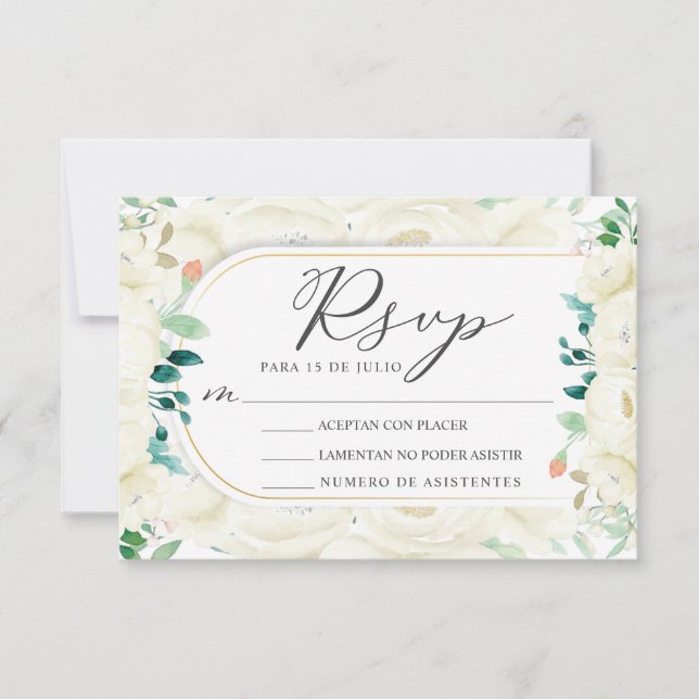 White Floral Garden Nuestra Boda Wedding RSVP Invitation (Front)