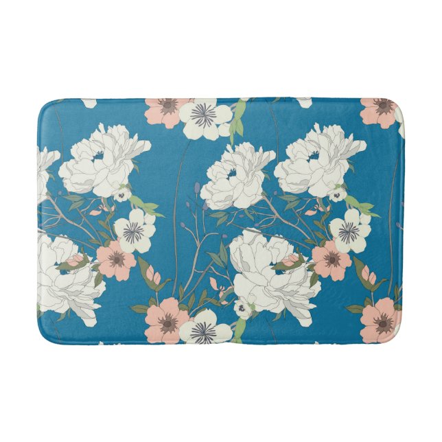 White Floral Garden Pattern Bath Mat (Front)