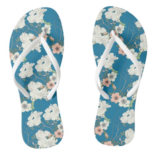 White Floral Garden Pattern Flip Flops