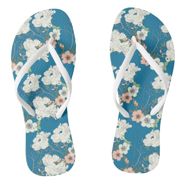 White Floral Garden Pattern Flip Flops (Footbed)