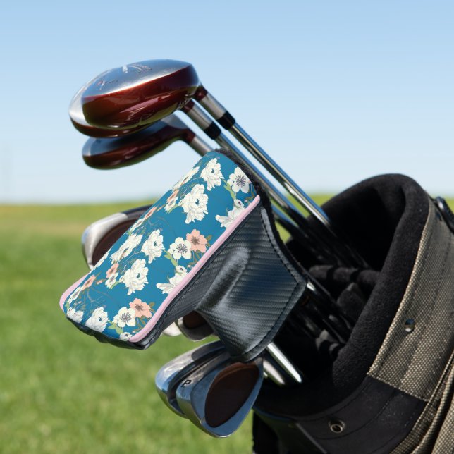 White Floral Garden Pattern Golf Head Cover (In Situ)